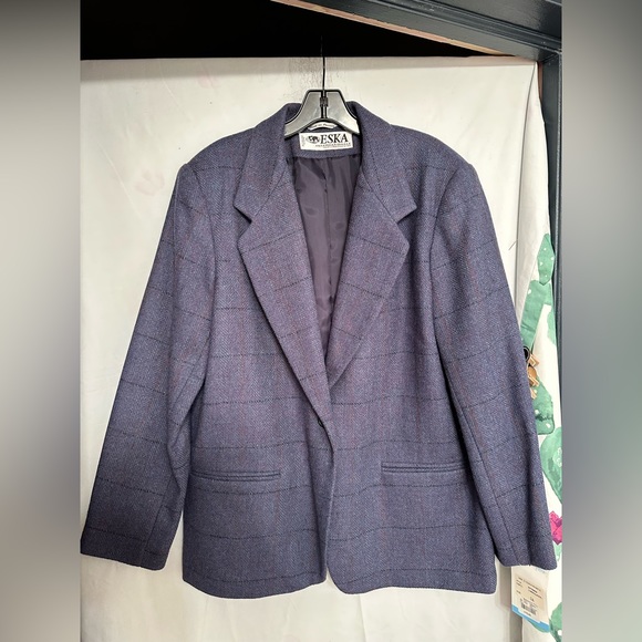 eska internationale women’s gray 100% wool check Lined blazer jacket size 14 - Picture 2 of 13
